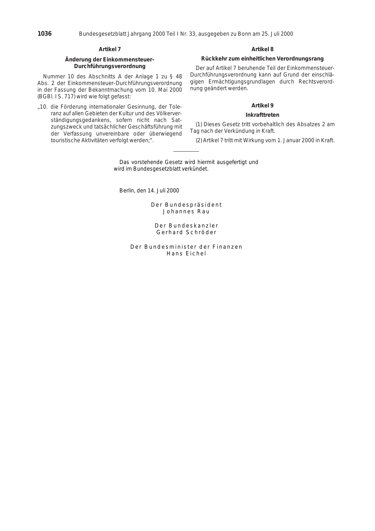 BGBl. 2000, Seite 1036 — Originalseite als Abbildung