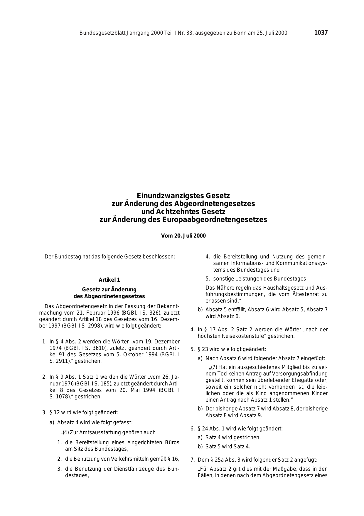 BGBl. 2000, Seite 1037 — Originalseite als Abbildung