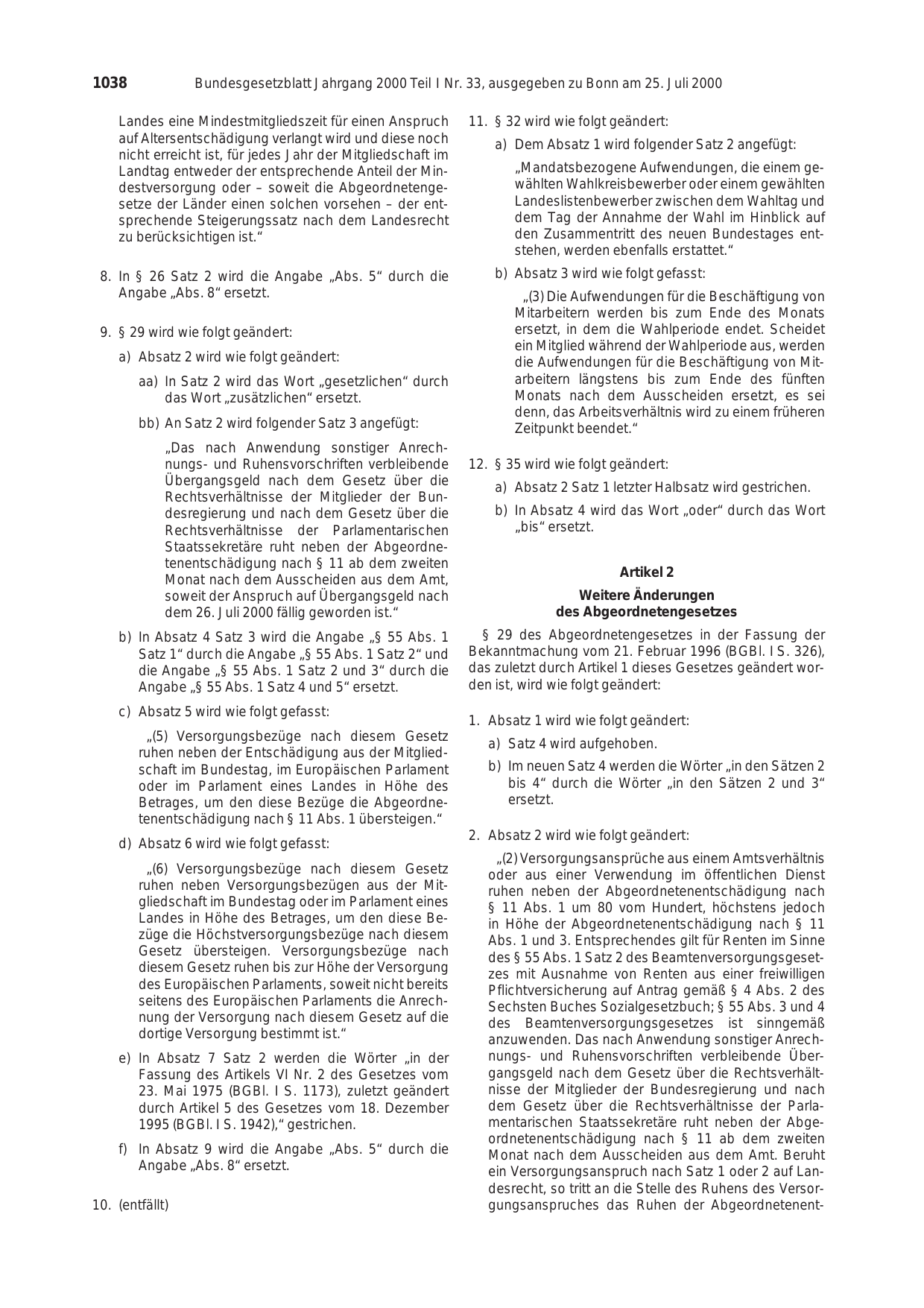 BGBl. 2000, Seite 1038 — Originalseite als Abbildung