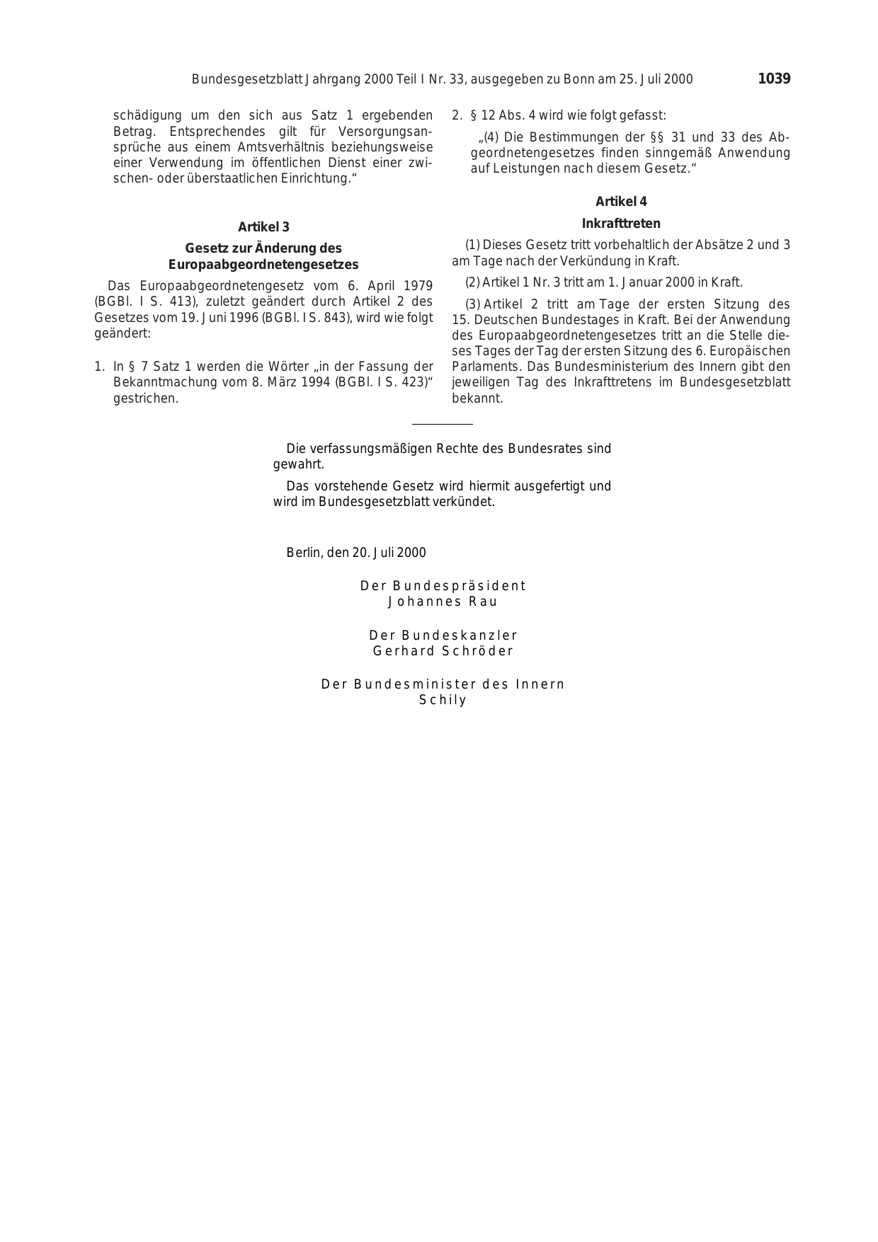 BGBl. 2000, Seite 1039 — Originalseite als Abbildung