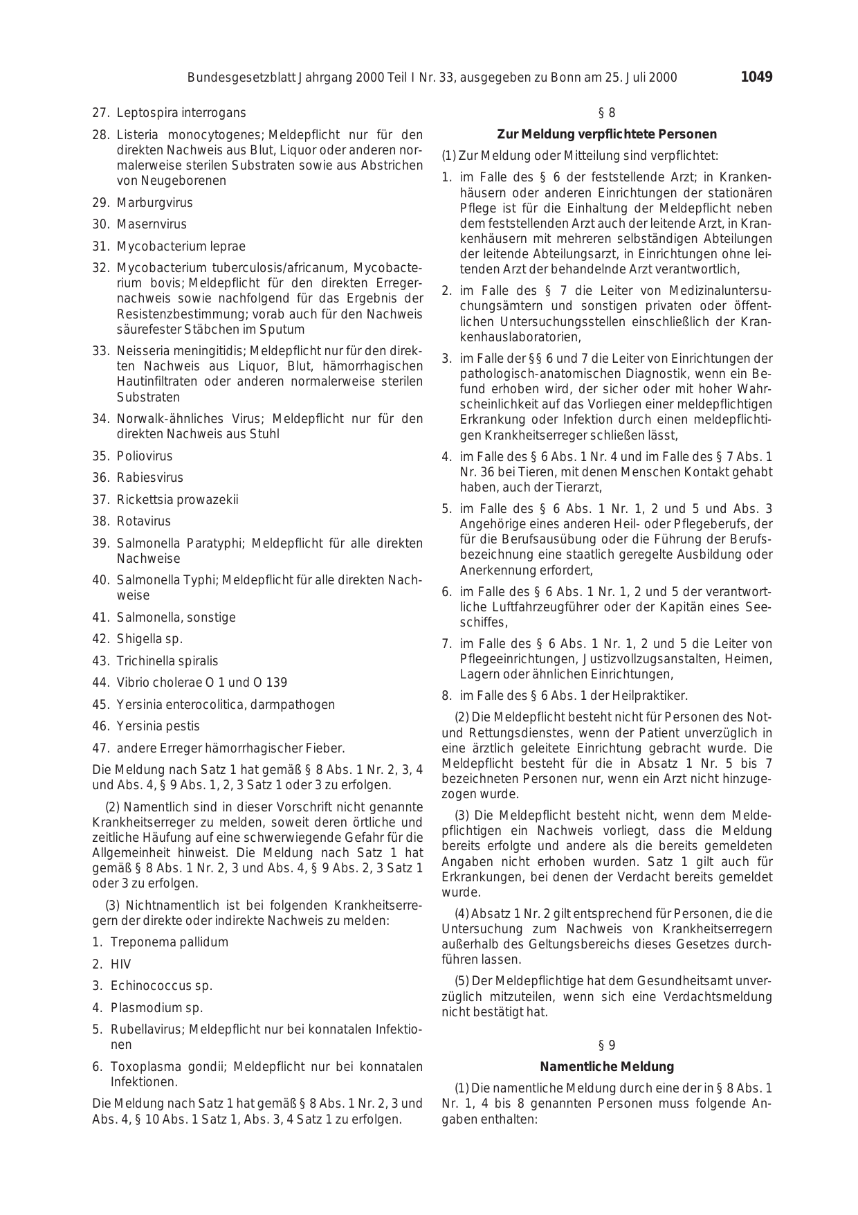 BGBl. 2000, Seite 1049 — Originalseite als Abbildung