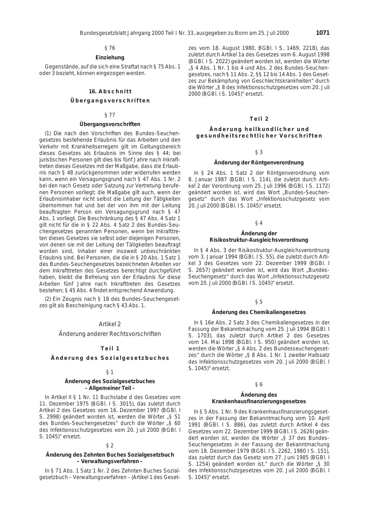BGBl. 2000, Seite 1071 — Originalseite als Abbildung
