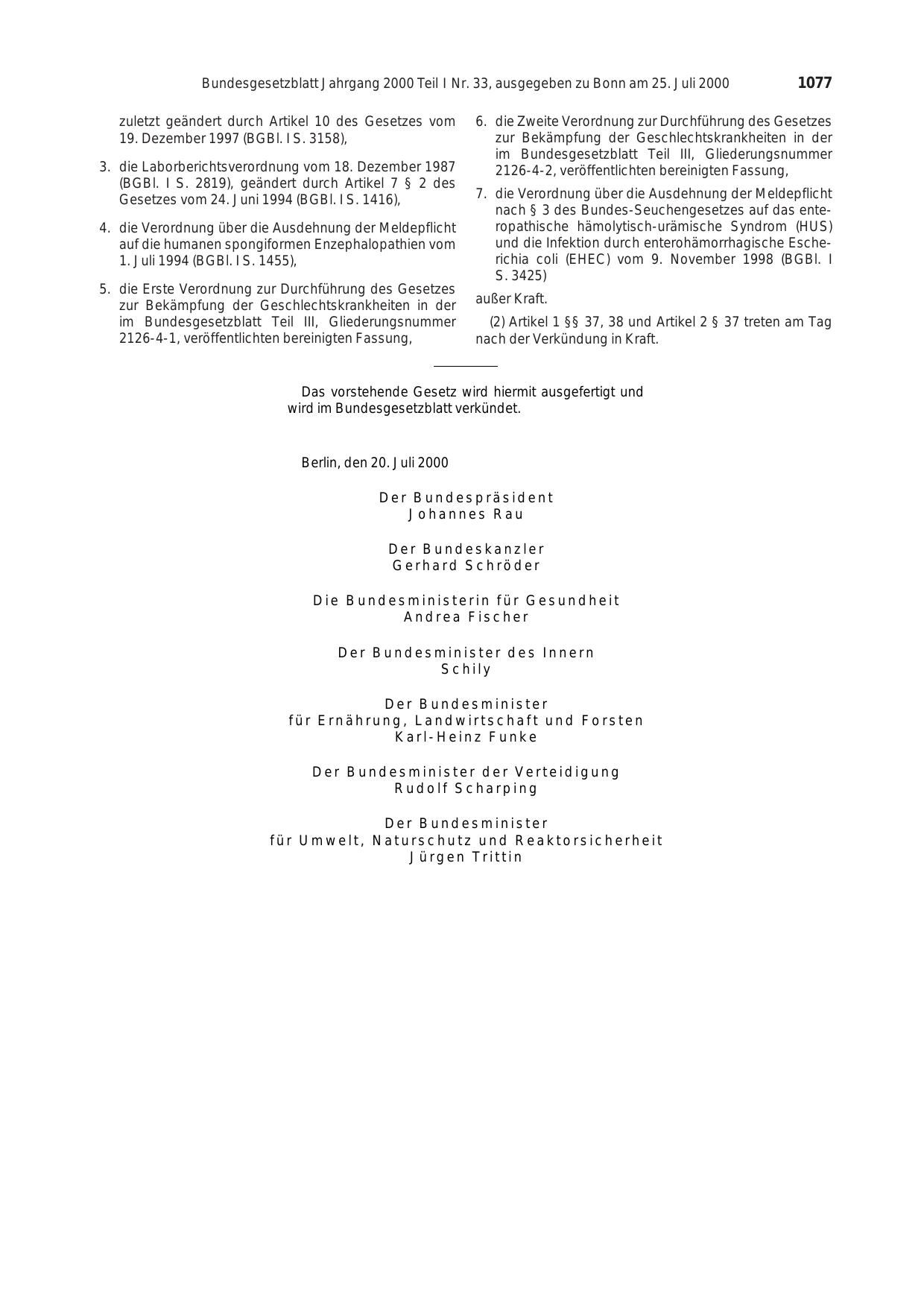 BGBl. 2000, Seite 1077 — Originalseite als Abbildung