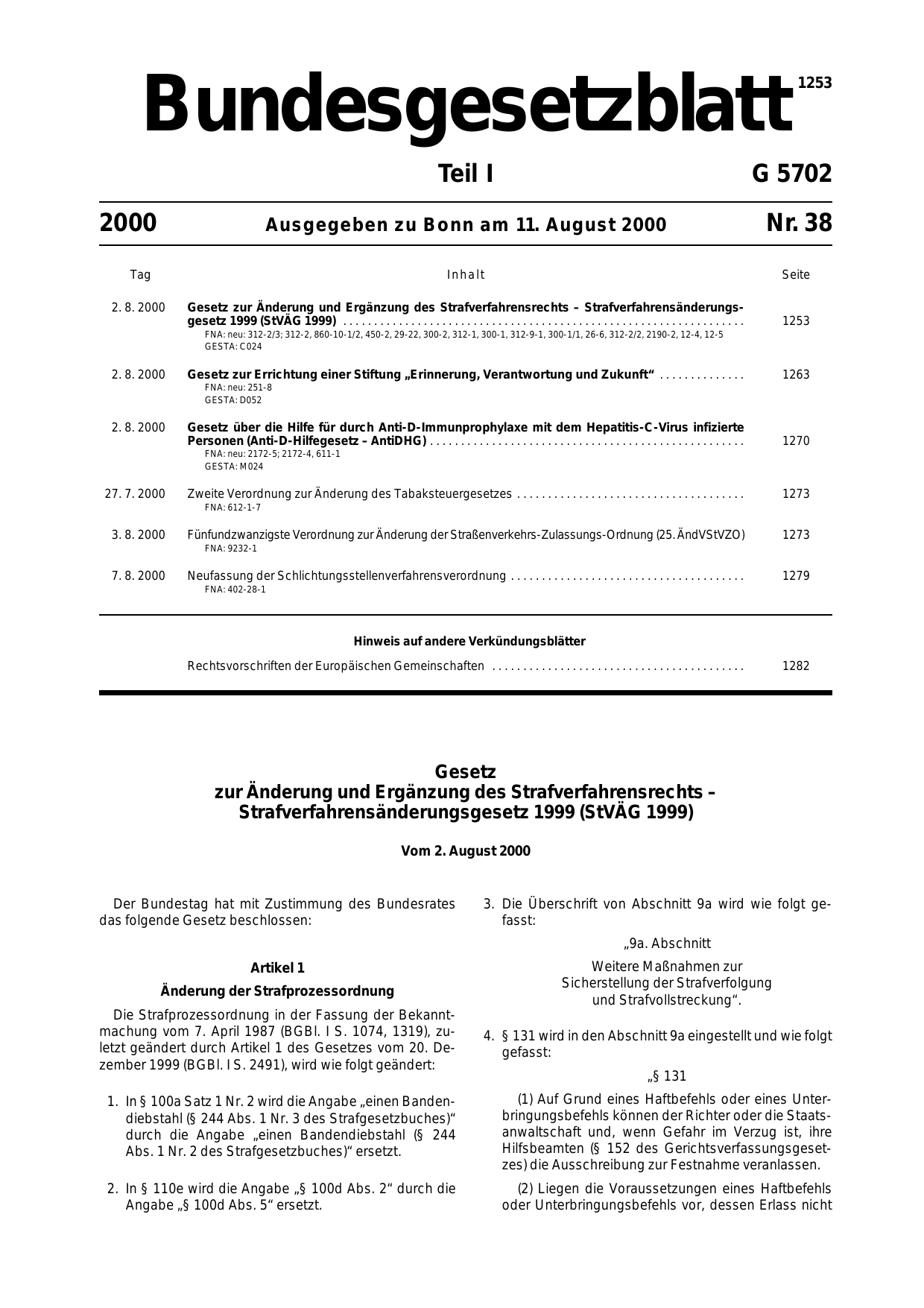 BGBl. 2000, Seite 1253 — Originalseite als Abbildung