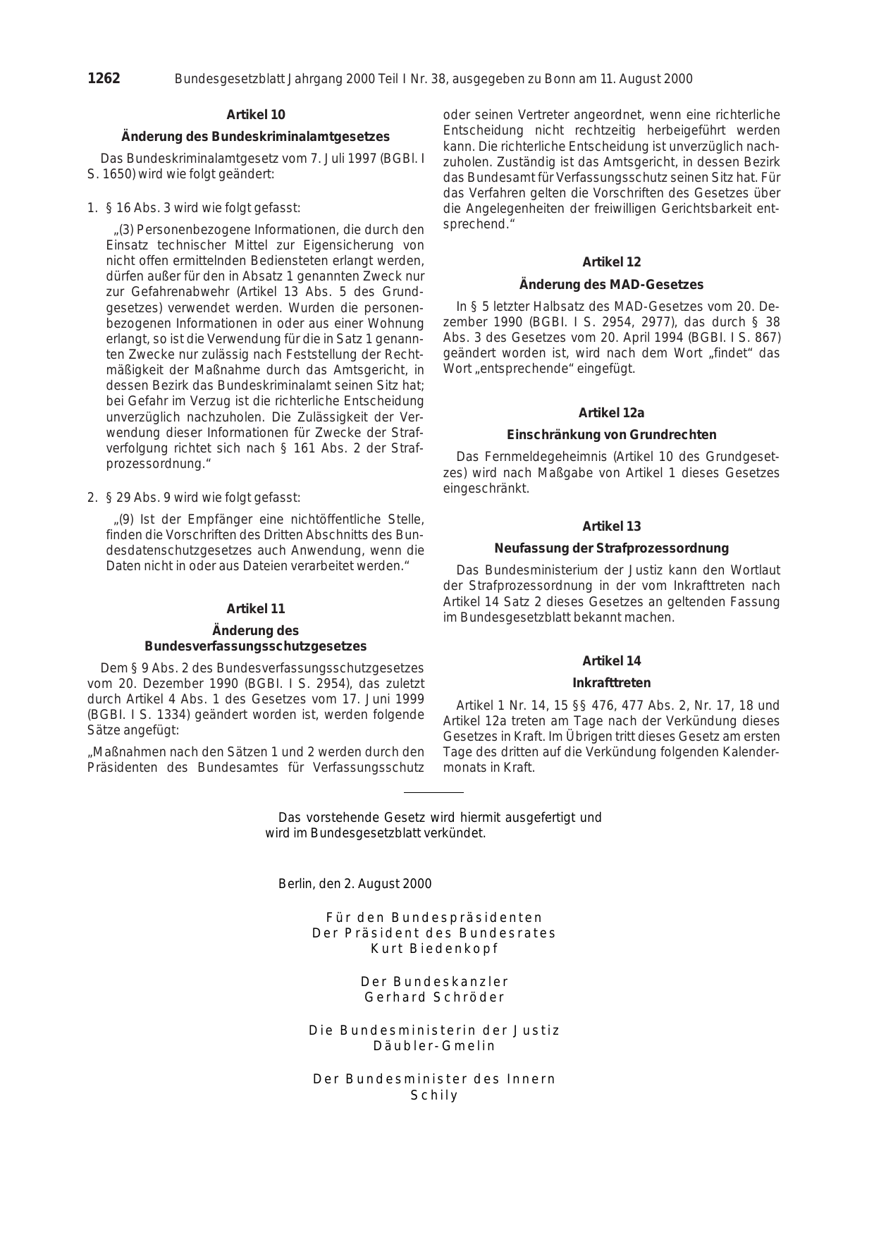 BGBl. 2000, Seite 1262 — Originalseite als Abbildung