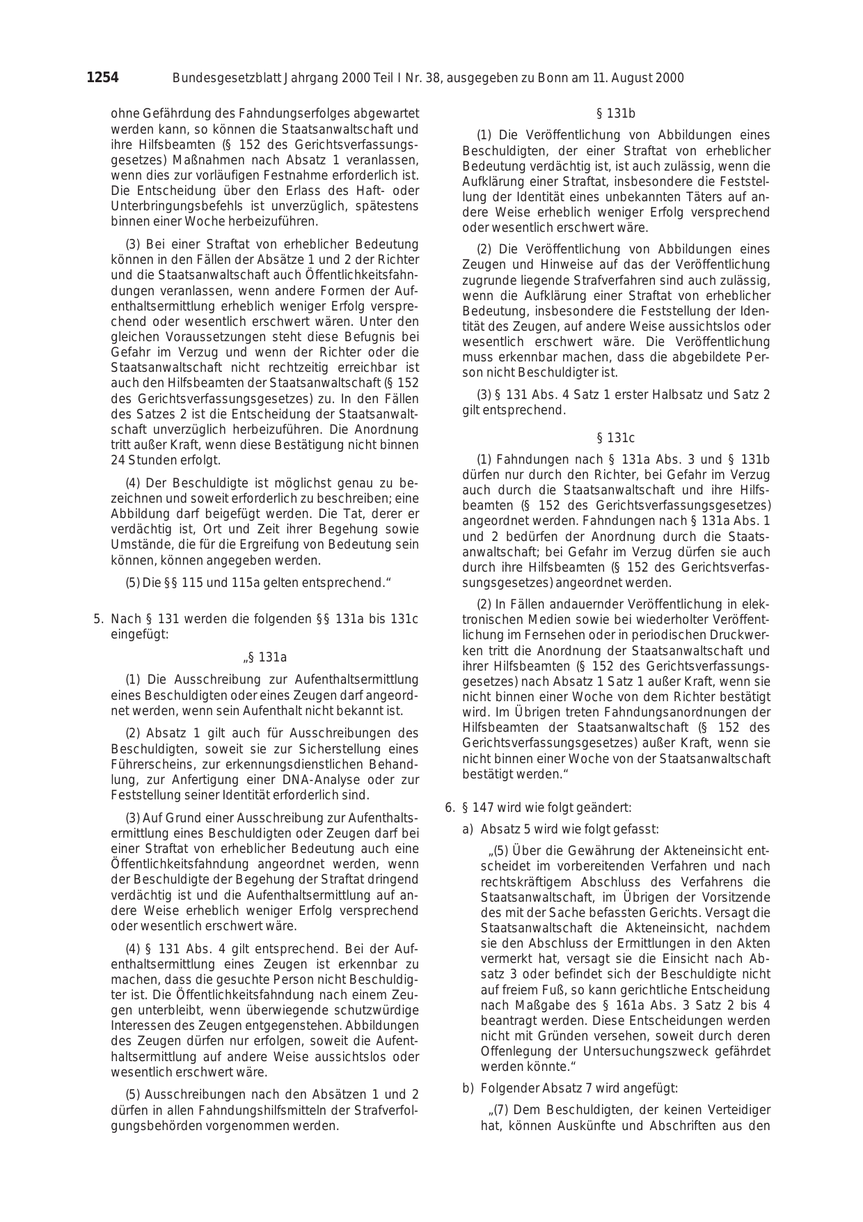 BGBl. 2000, Seite 1254 — Originalseite als Abbildung