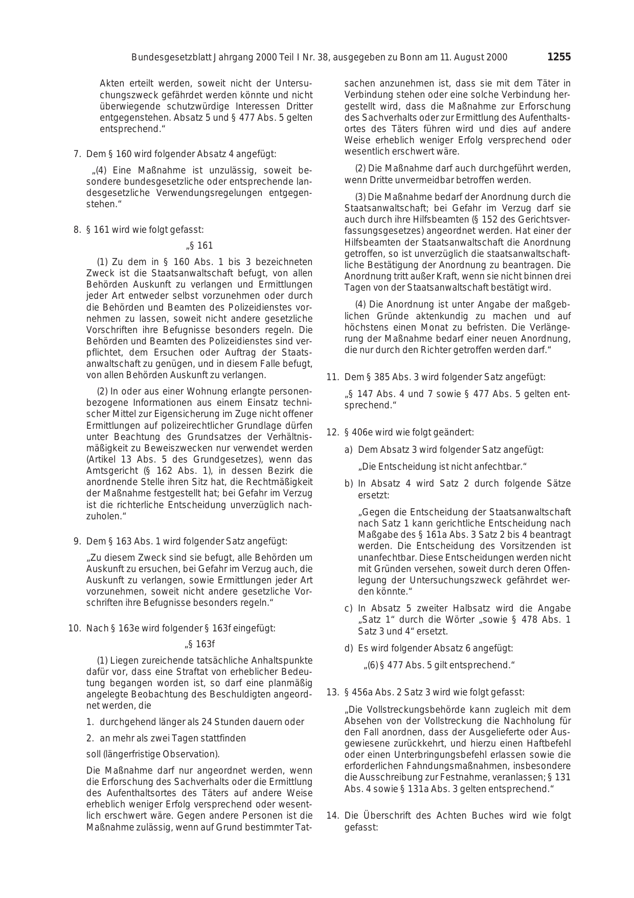BGBl. 2000, Seite 1255 — Originalseite als Abbildung