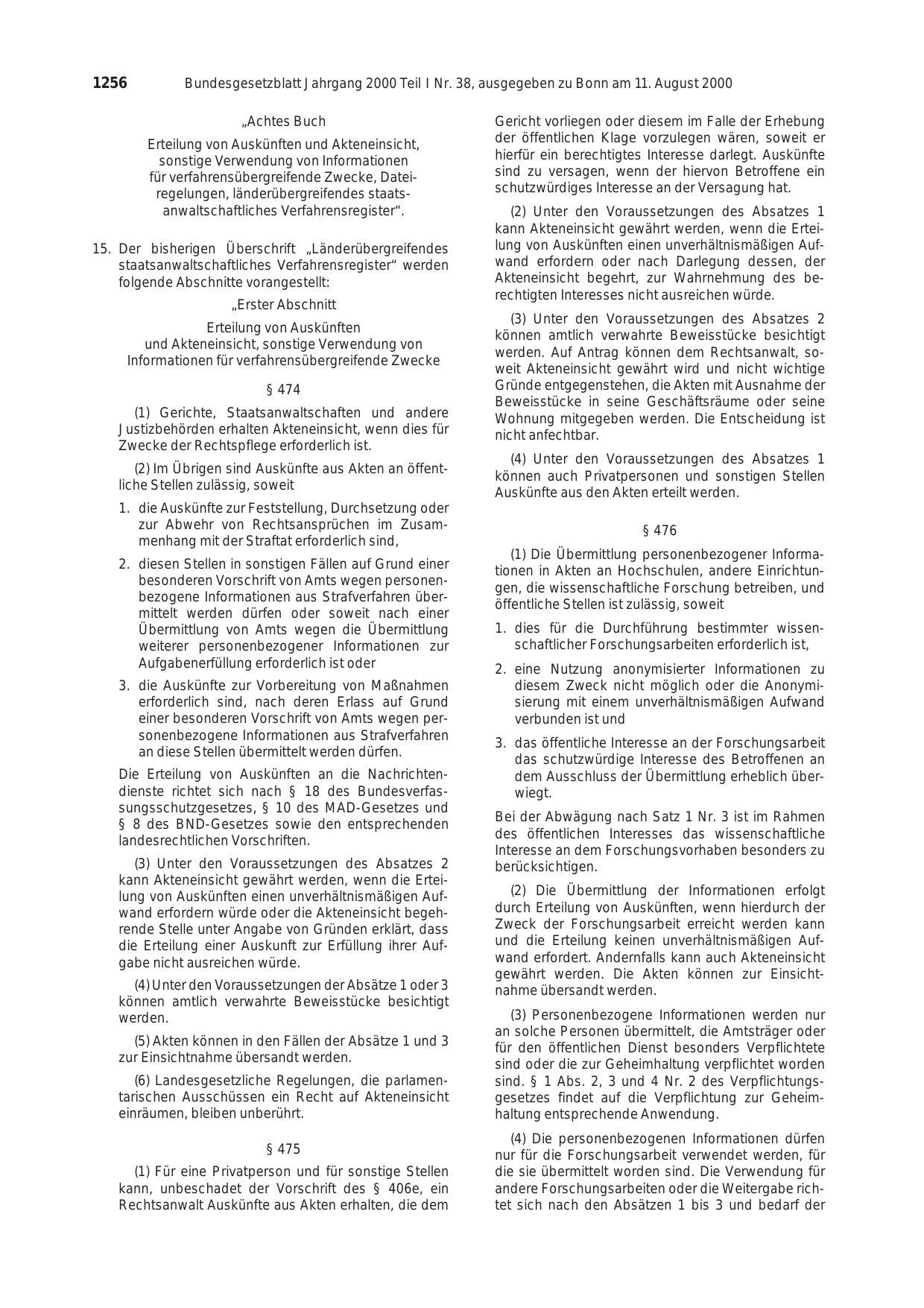 BGBl. 2000, Seite 1256 — Originalseite als Abbildung