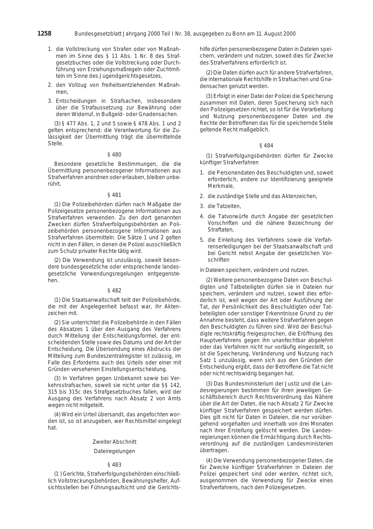 BGBl. 2000, Seite 1258 — Originalseite als Abbildung