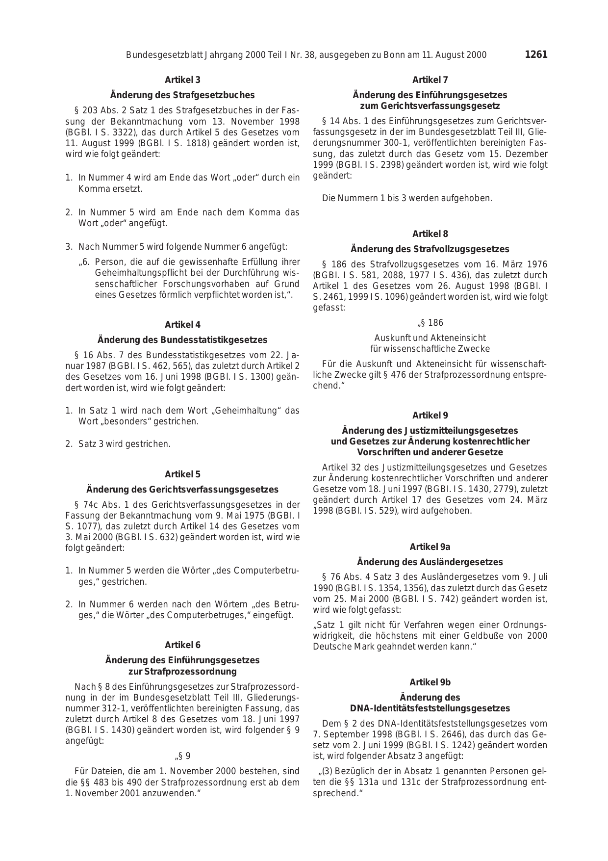 BGBl. 2000, Seite 1261 — Originalseite als Abbildung