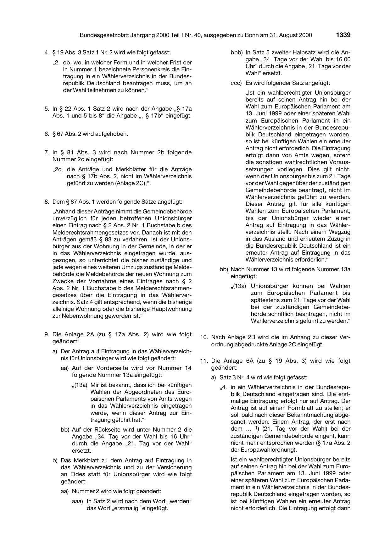 BGBl. 2000, Seite 1339 — Originalseite als Abbildung