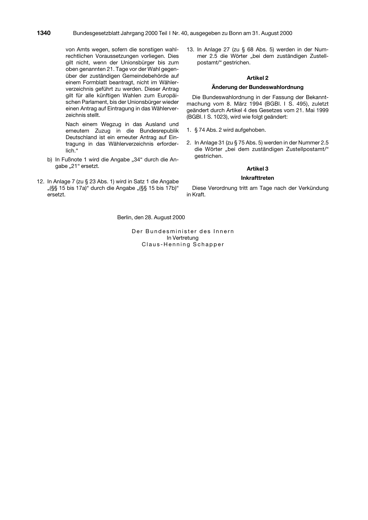 BGBl. 2000, Seite 1340 — Originalseite als Abbildung