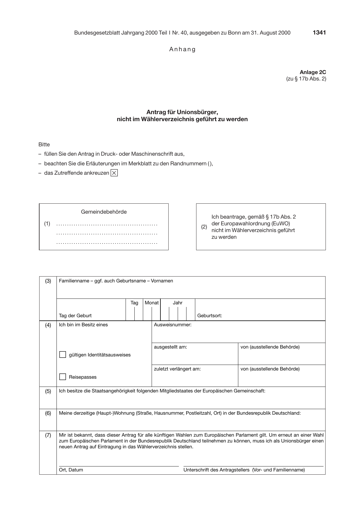 BGBl. 2000, Seite 1341 — Originalseite als Abbildung
