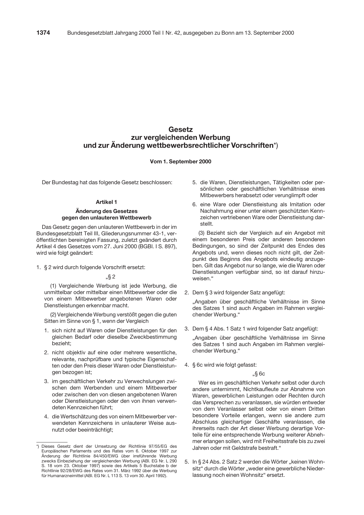 BGBl. 2000, Seite 1374 — Originalseite als Abbildung