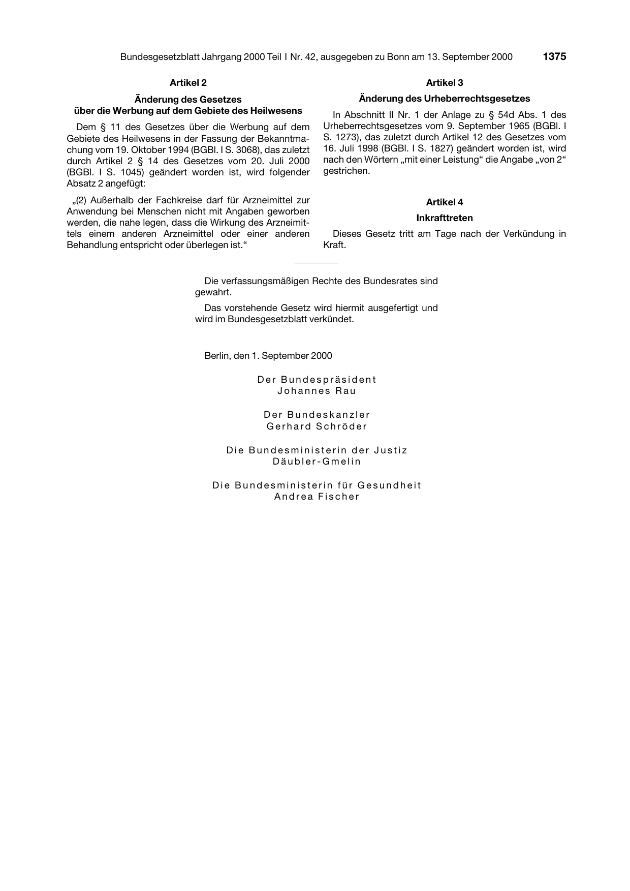 BGBl. 2000, Seite 1375 — Originalseite als Abbildung