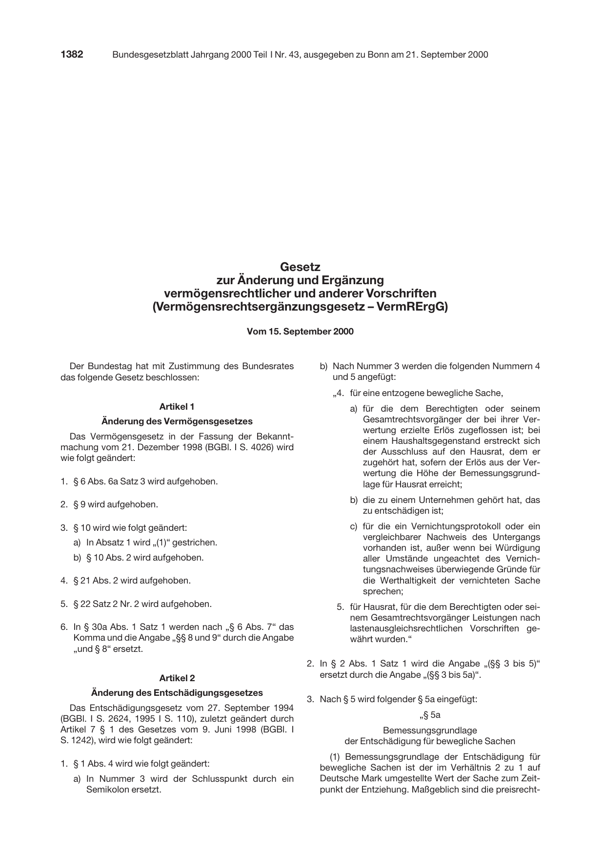 BGBl. 2000, Seite 1382 — Originalseite als Abbildung