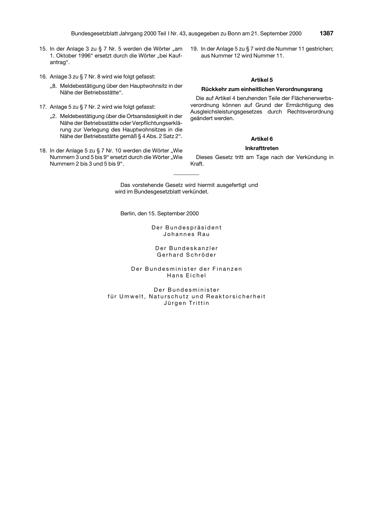 BGBl. 2000, Seite 1387 — Originalseite als Abbildung