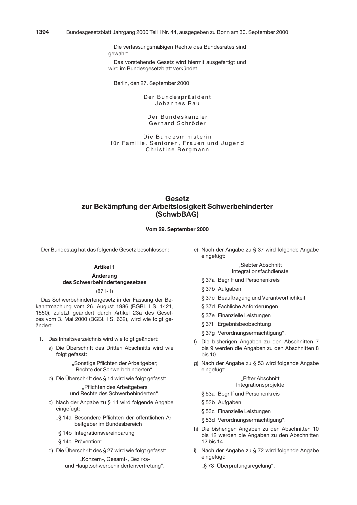BGBl. 2000, Seite 1394 — Originalseite als Abbildung