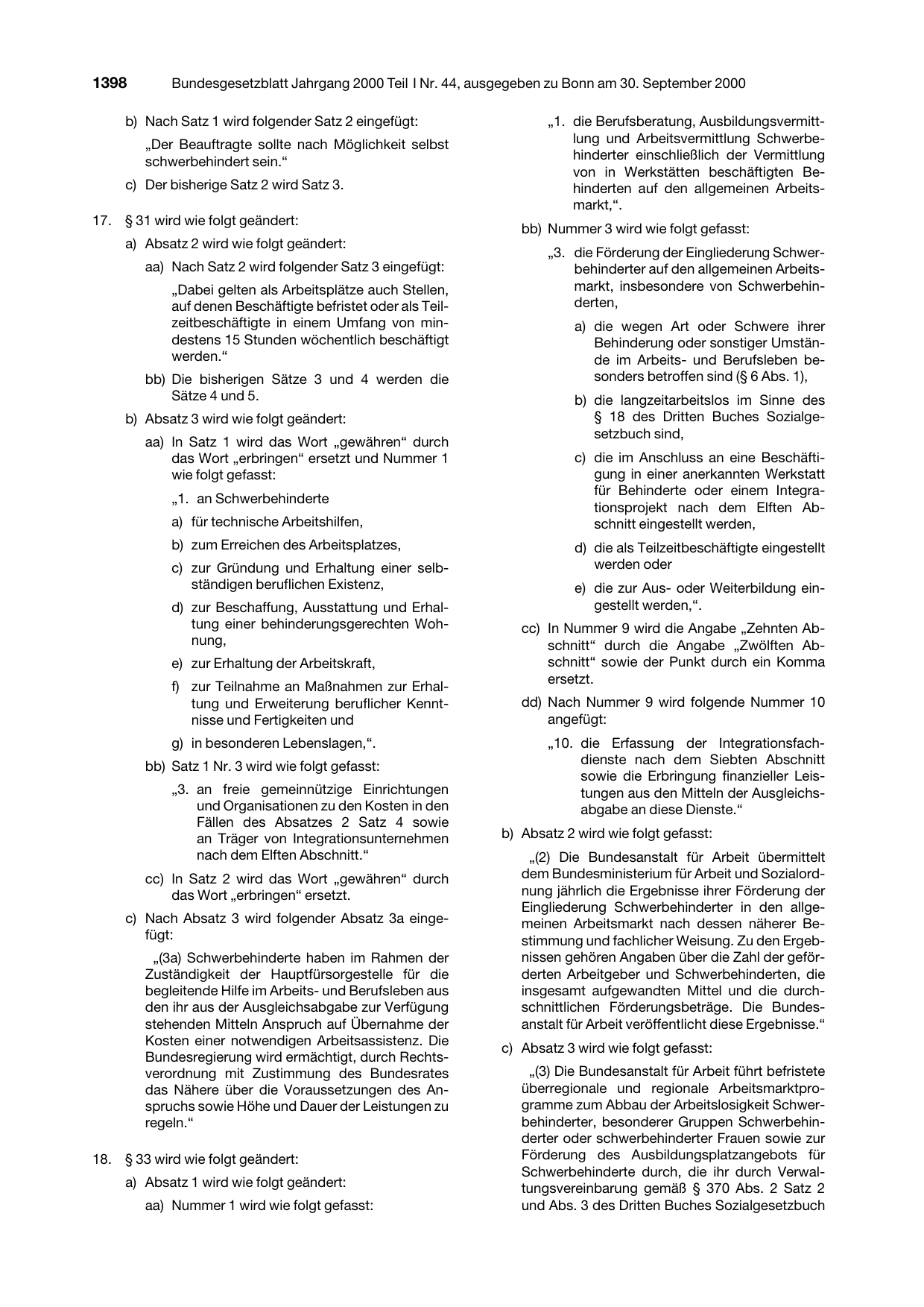 BGBl. 2000, Seite 1398 — Originalseite als Abbildung