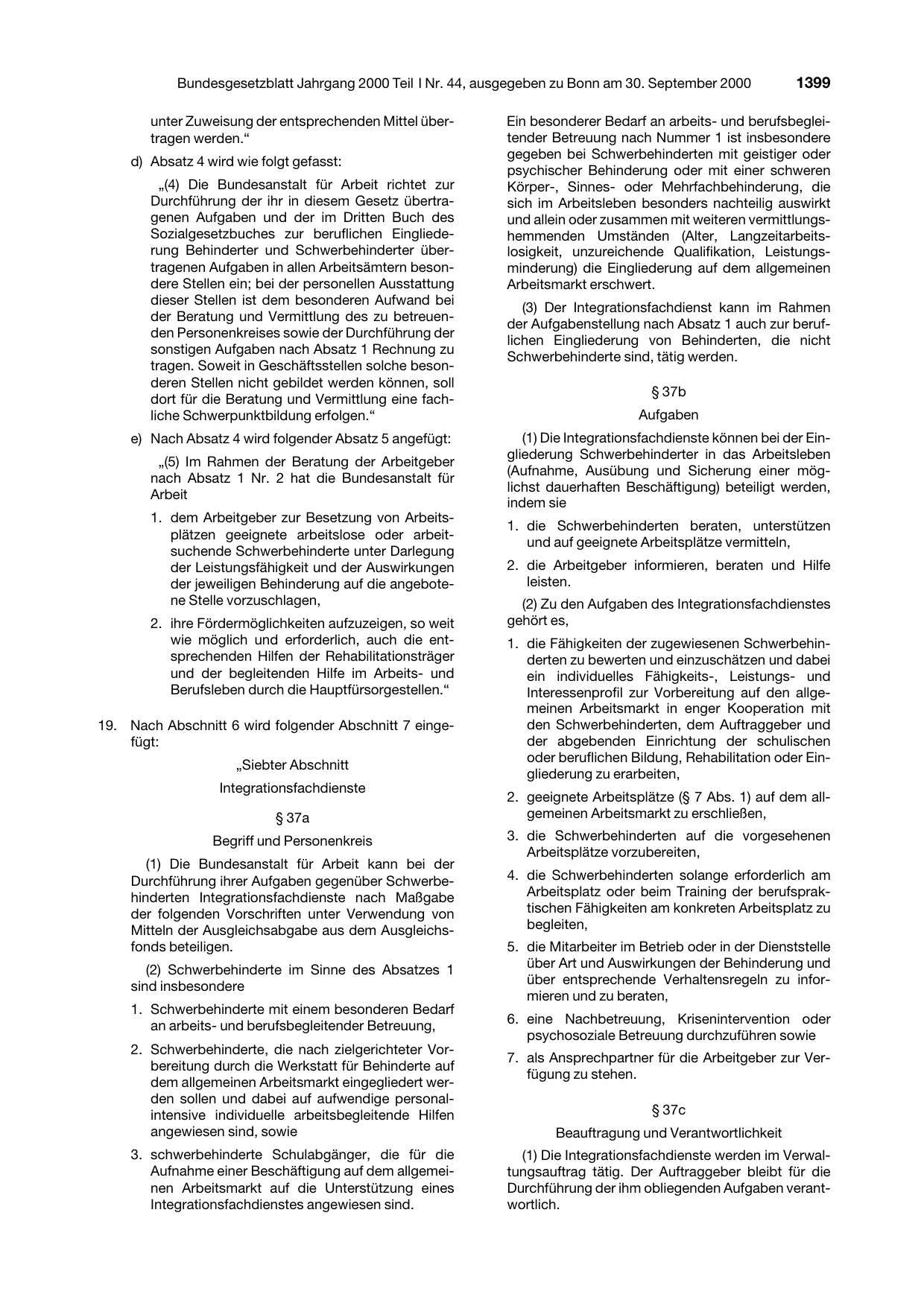 BGBl. 2000, Seite 1399 — Originalseite als Abbildung