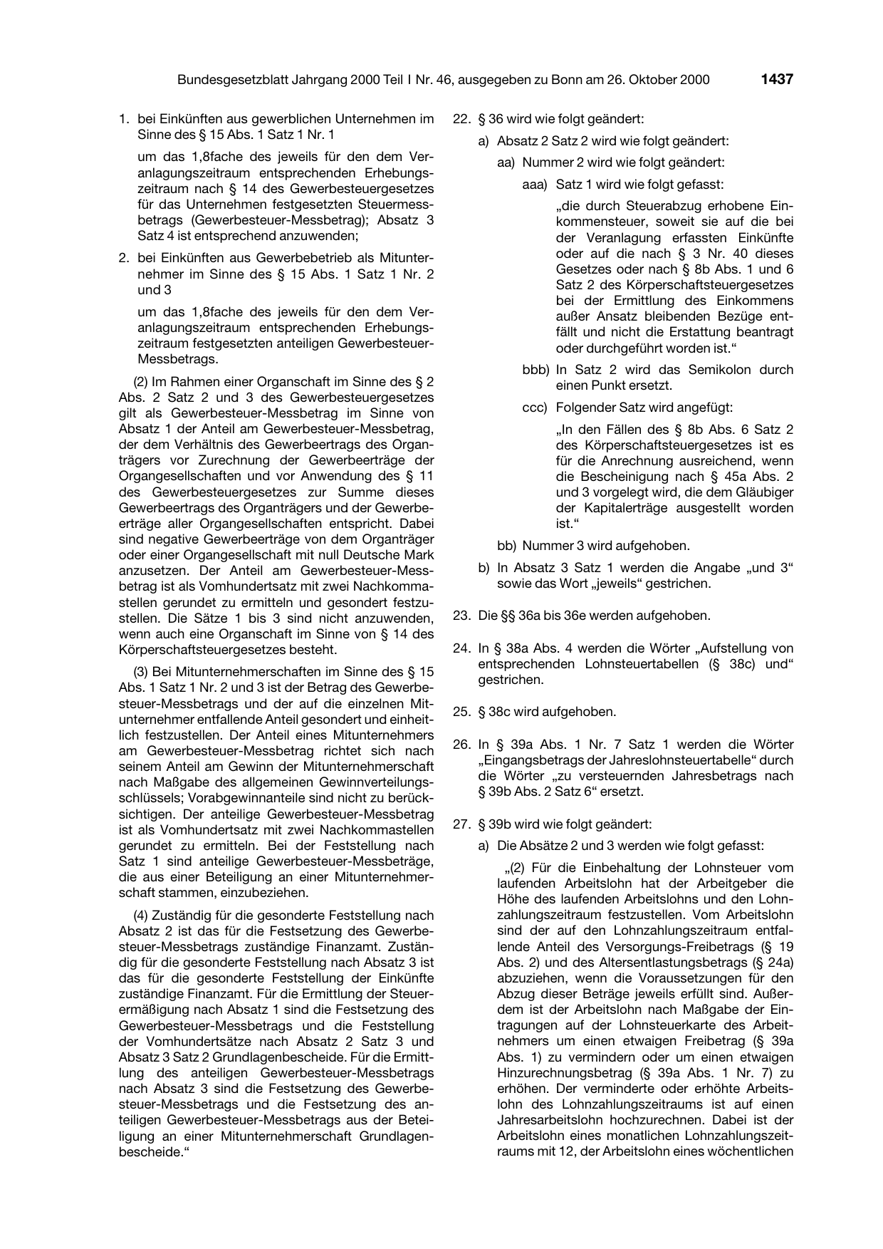 BGBl. 2000, Seite 1437 — Originalseite als Abbildung