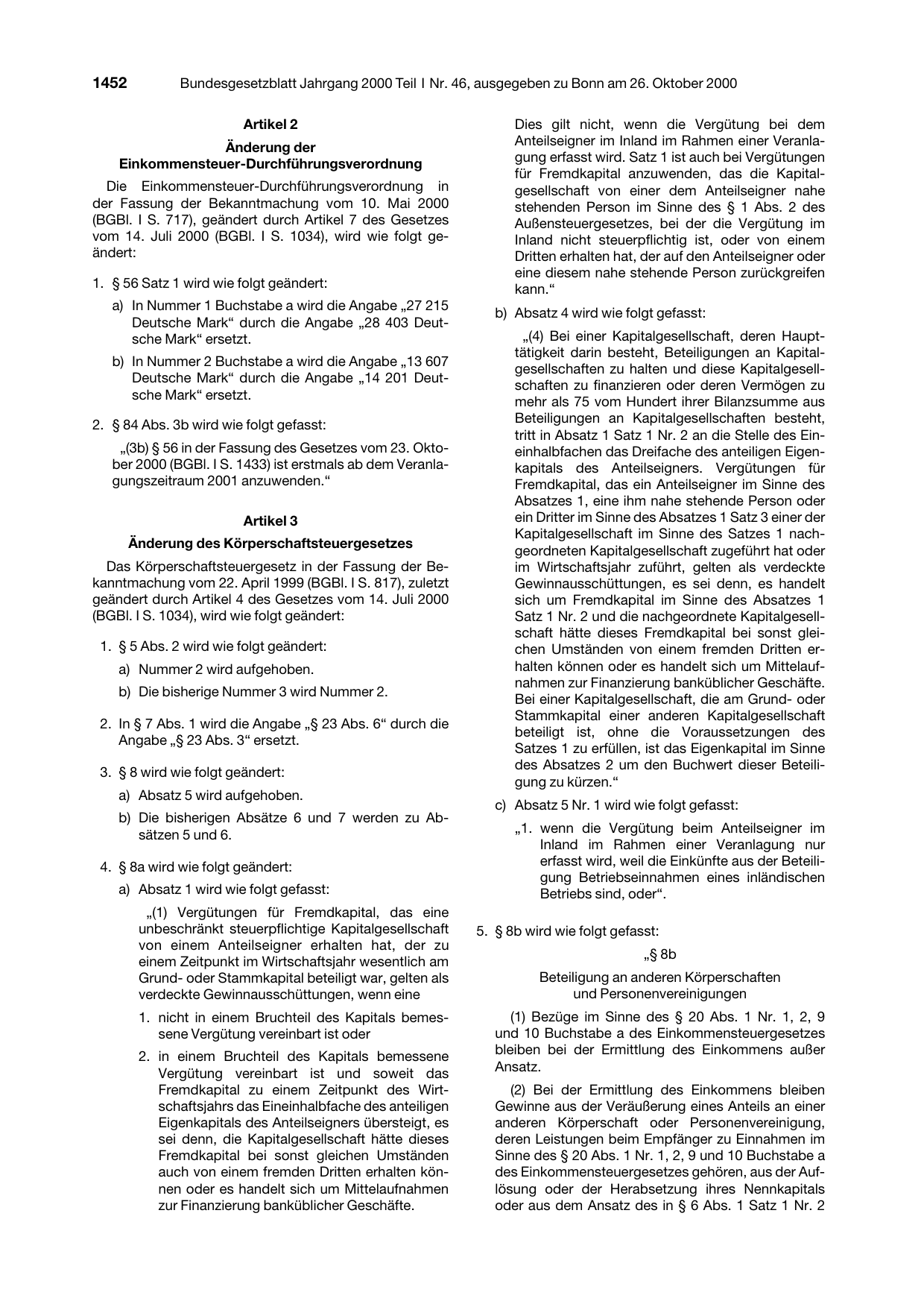 BGBl. 2000, Seite 1452 — Originalseite als Abbildung