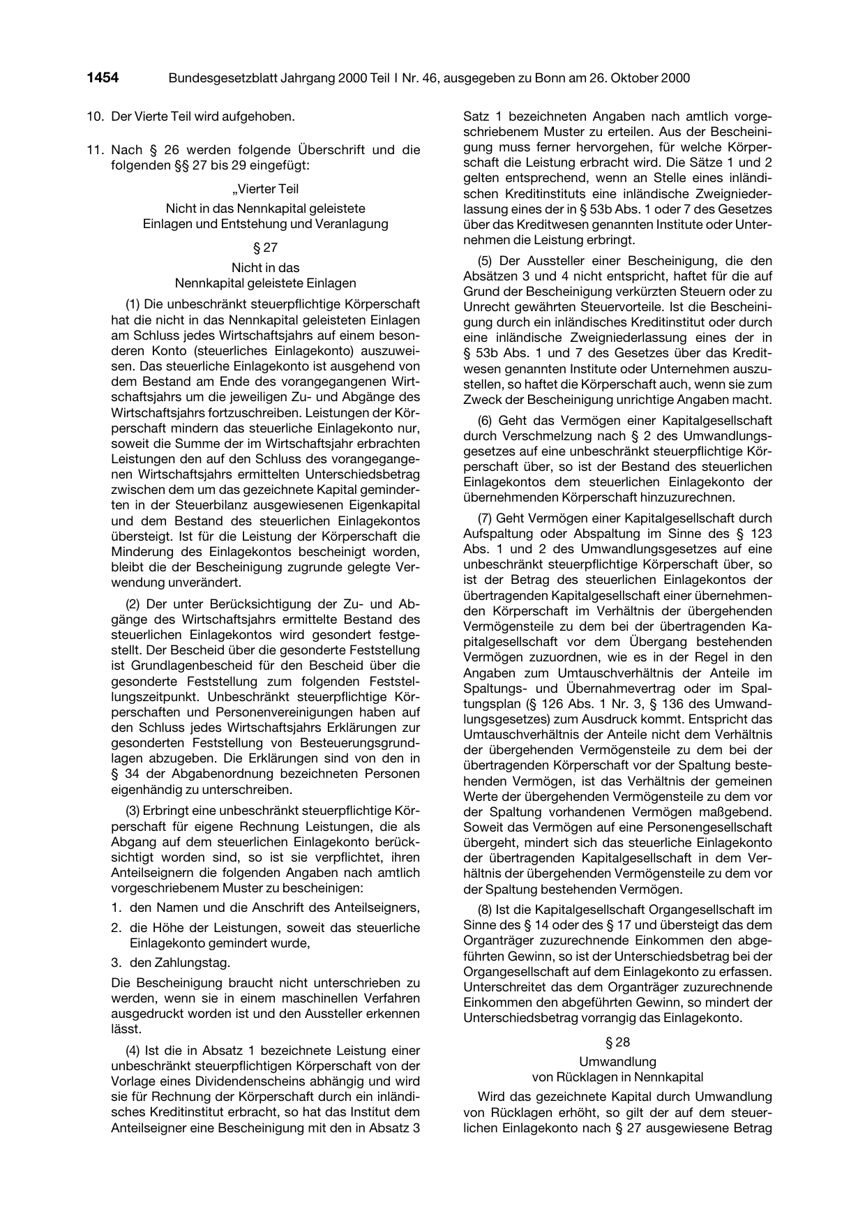 BGBl. 2000, Seite 1454 — Originalseite als Abbildung