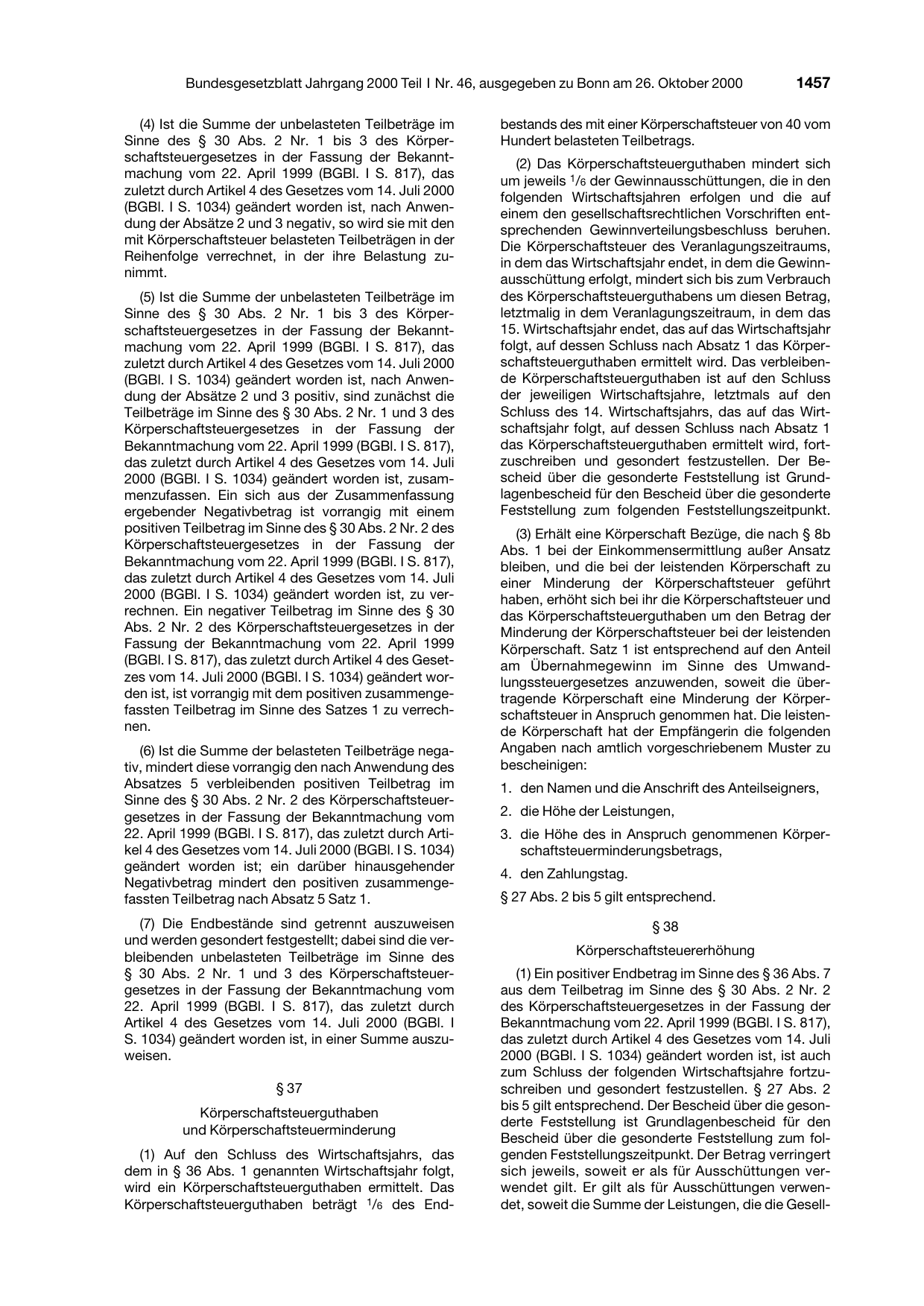 BGBl. 2000, Seite 1457 — Originalseite als Abbildung
