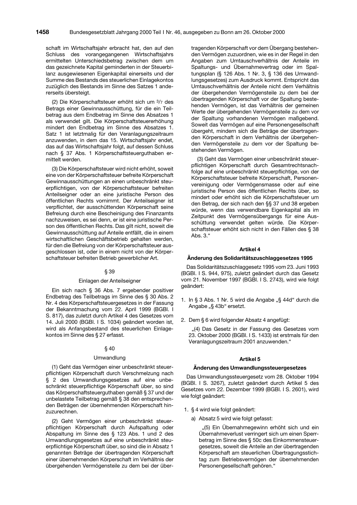 BGBl. 2000, Seite 1458 — Originalseite als Abbildung