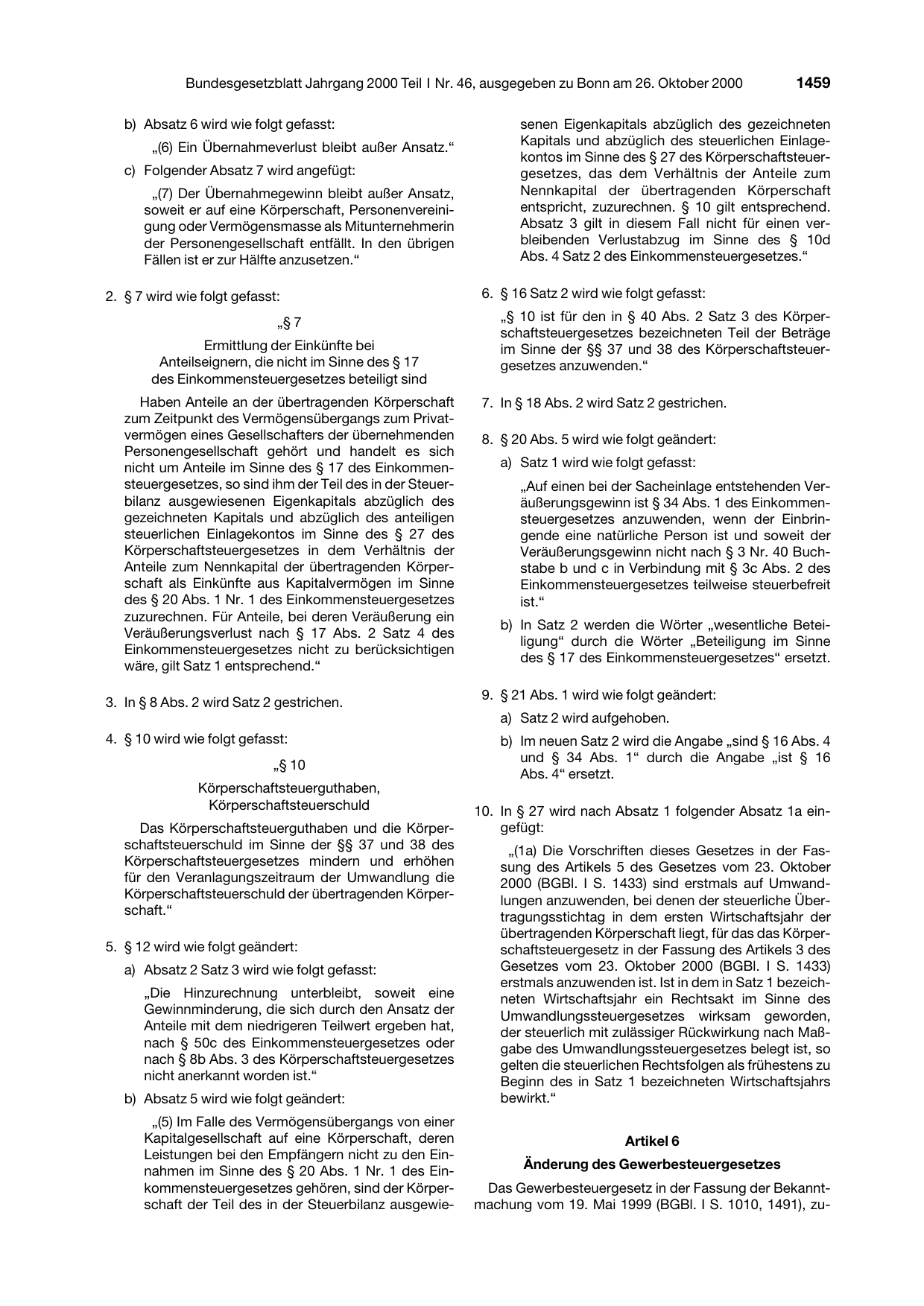 BGBl. 2000, Seite 1459 — Originalseite als Abbildung