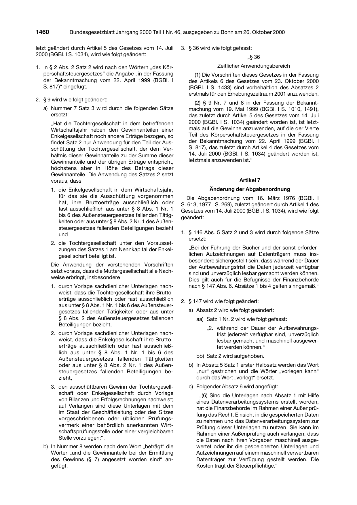 BGBl. 2000, Seite 1460 — Originalseite als Abbildung