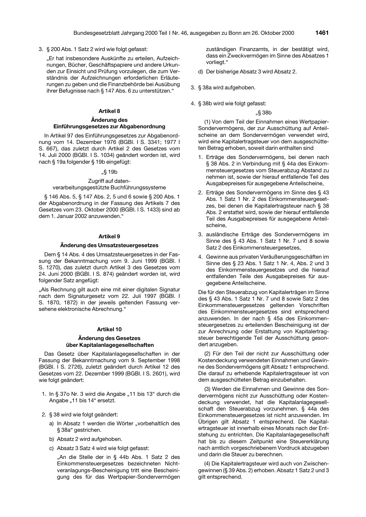 BGBl. 2000, Seite 1461 — Originalseite als Abbildung