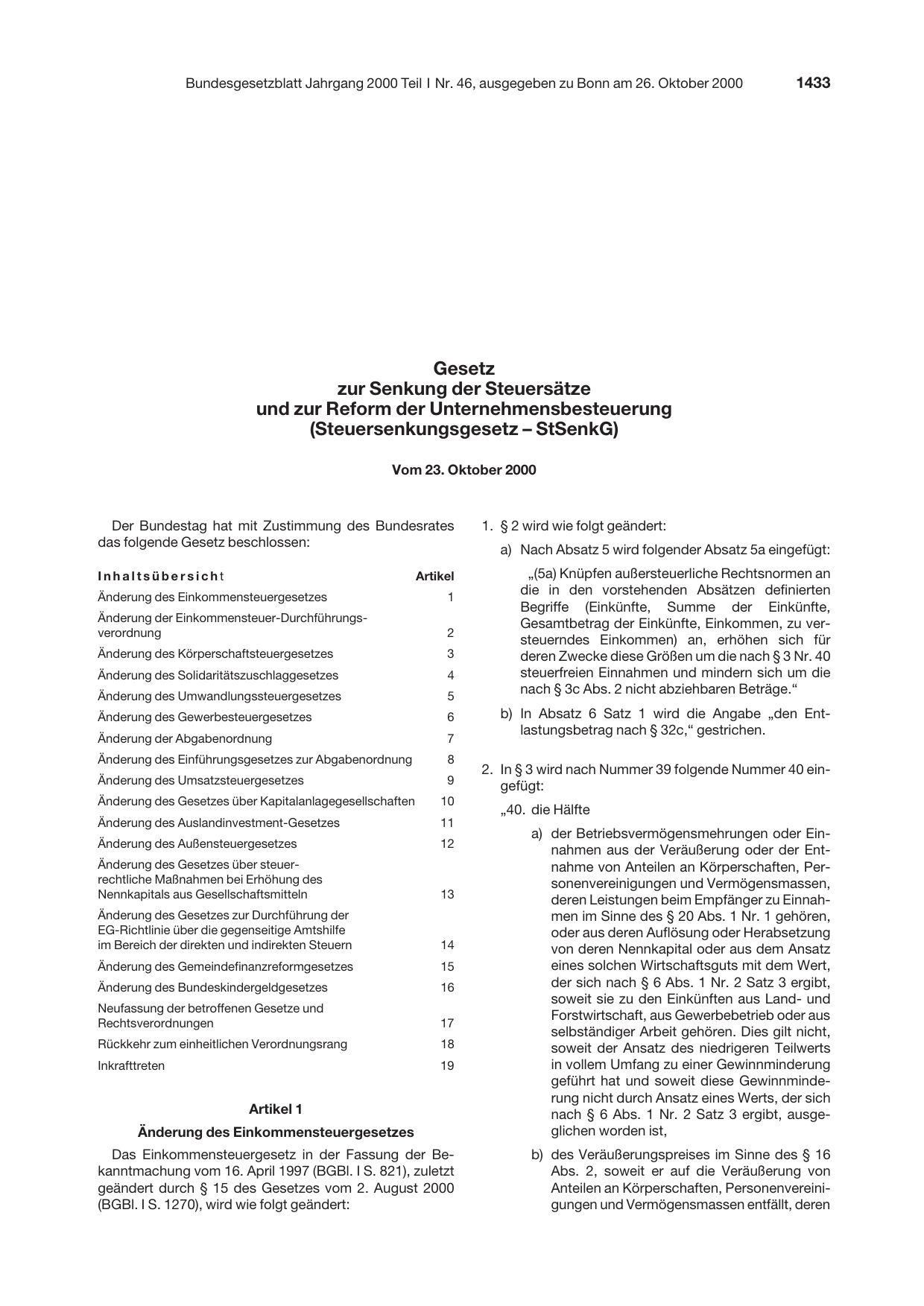 BGBl. 2000, Seite 1433 — Originalseite als Abbildung