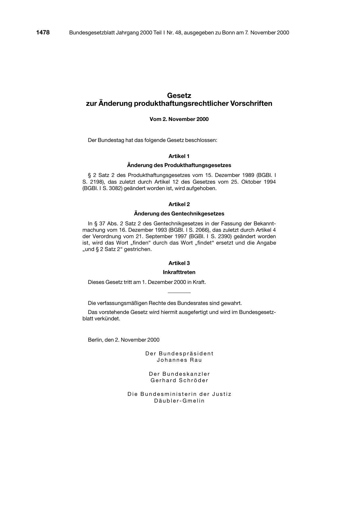 BGBl. 2000, Seite 1478 — Originalseite als Abbildung