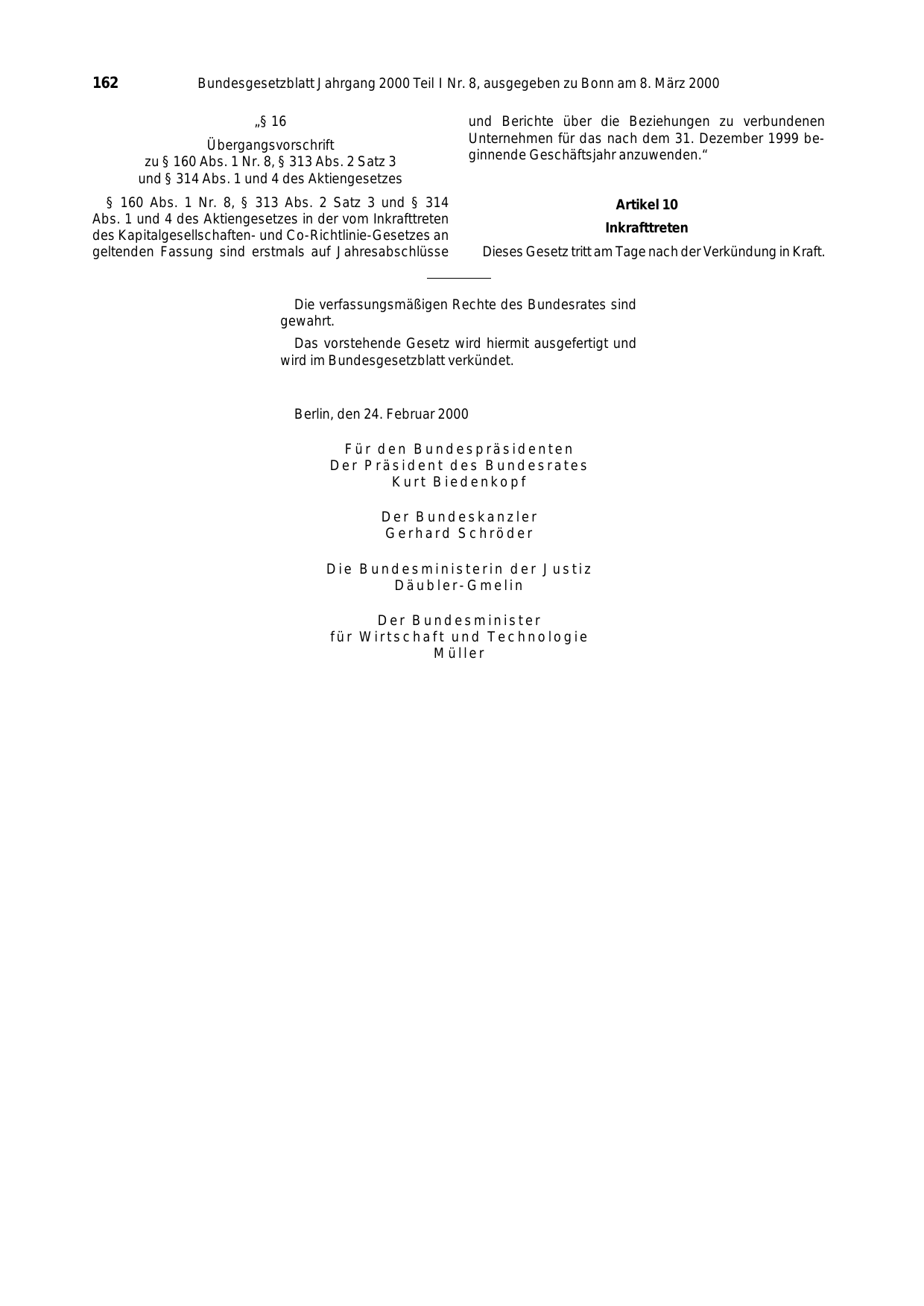 BGBl. 2000, Seite 162 — Originalseite als Abbildung