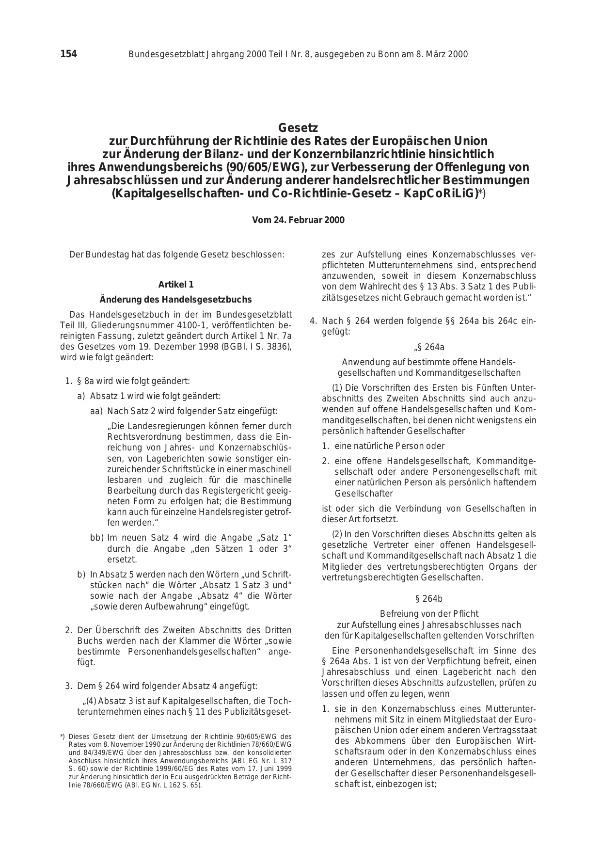 BGBl. 2000, Seite 154 — Originalseite als Abbildung