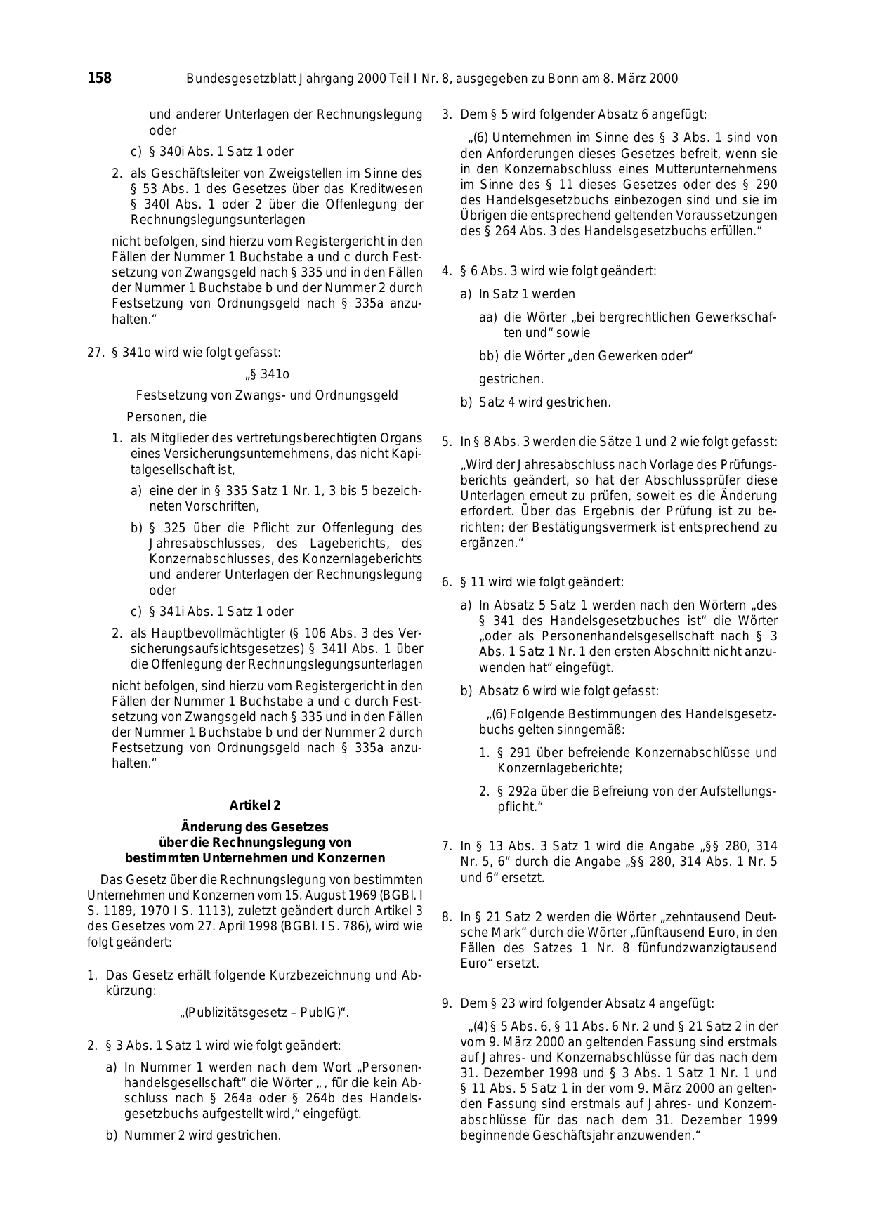 BGBl. 2000, Seite 158 — Originalseite als Abbildung