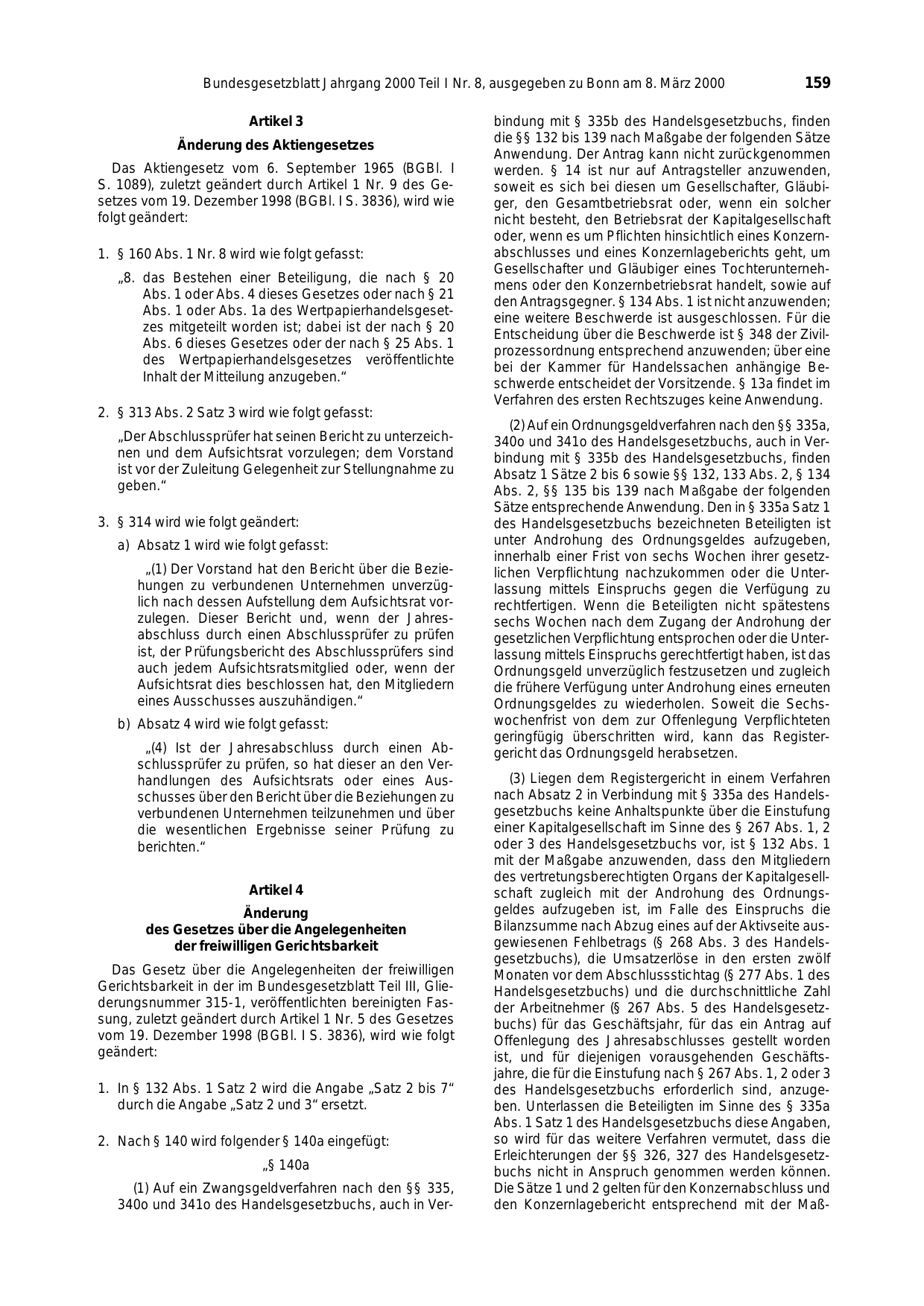 BGBl. 2000, Seite 159 — Originalseite als Abbildung
