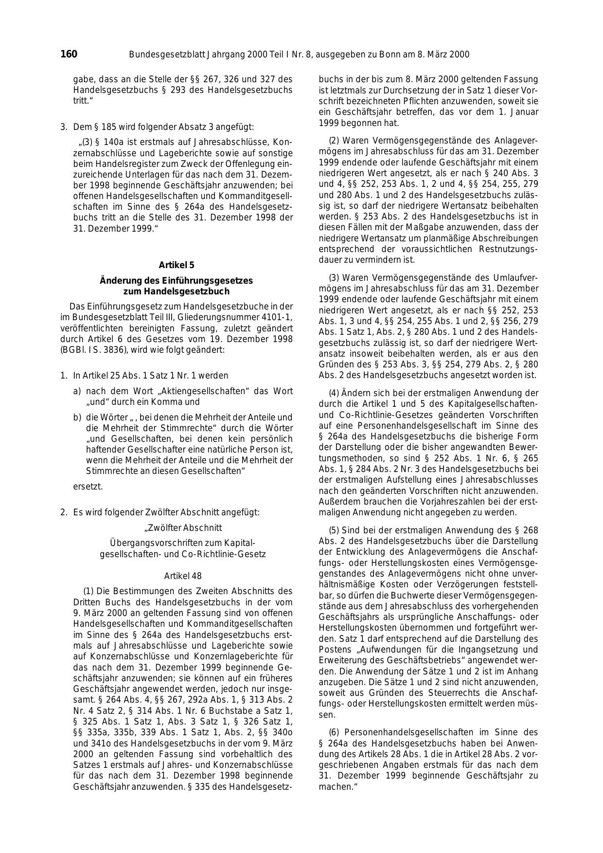 BGBl. 2000, Seite 160 — Originalseite als Abbildung