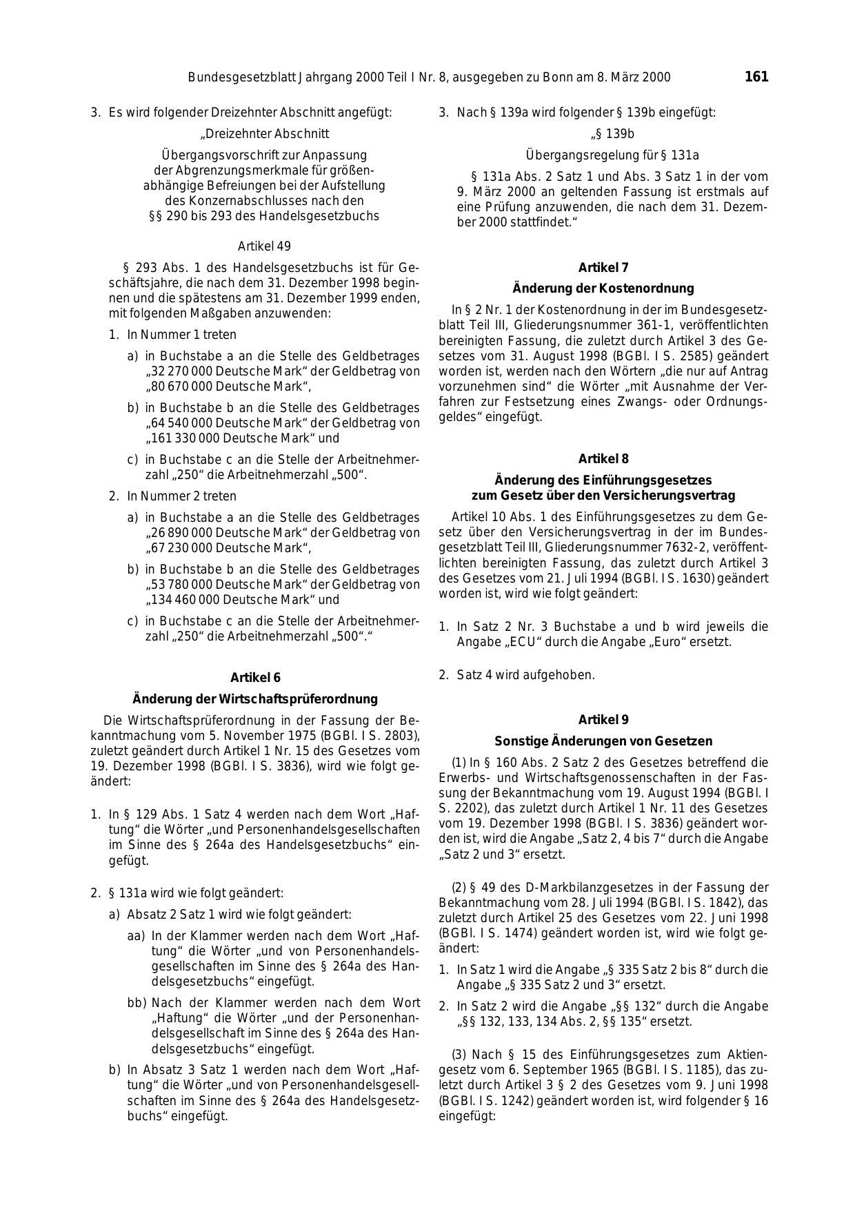BGBl. 2000, Seite 161 — Originalseite als Abbildung