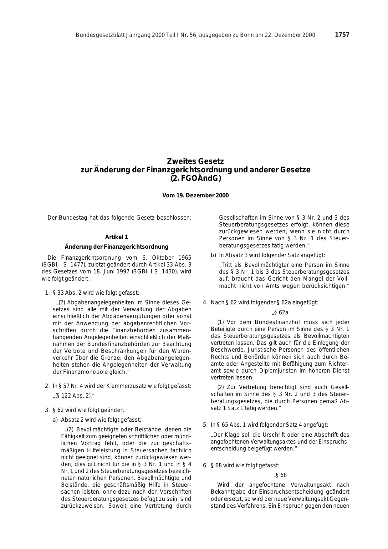 BGBl. 2000, Seite 1757 — Originalseite als Abbildung