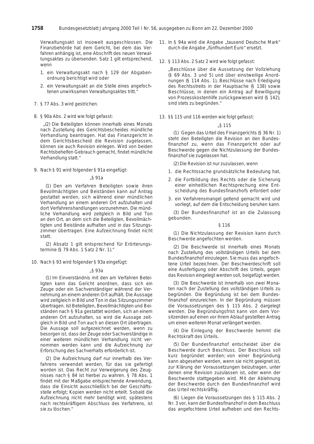 BGBl. 2000, Seite 1758 — Originalseite als Abbildung