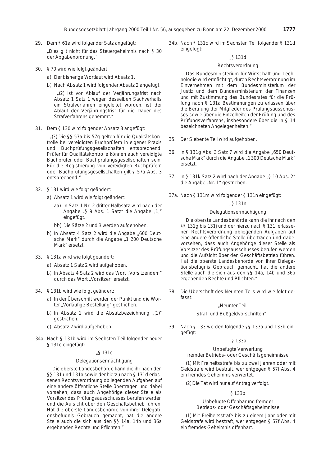 BGBl. 2000, Seite 1777 — Originalseite als Abbildung