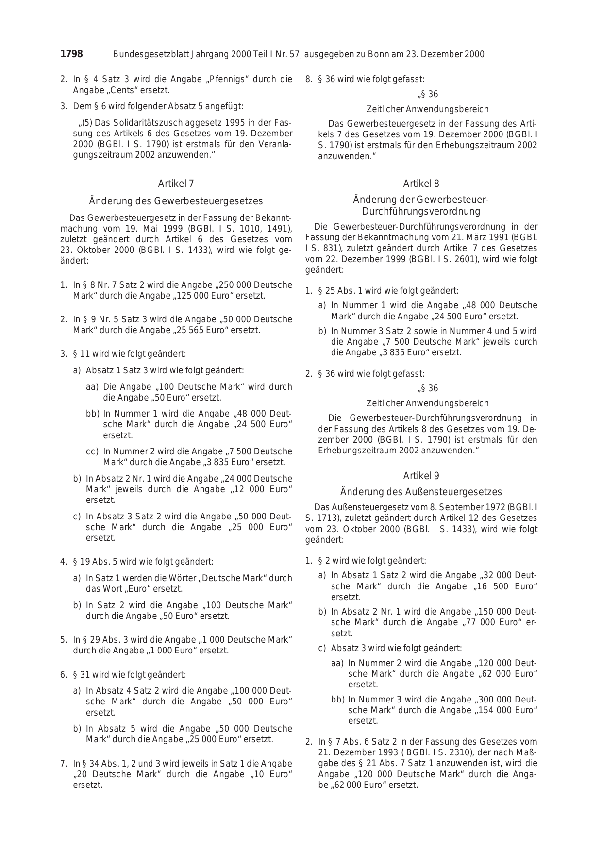 BGBl. 2000, Seite 1798 — Originalseite als Abbildung