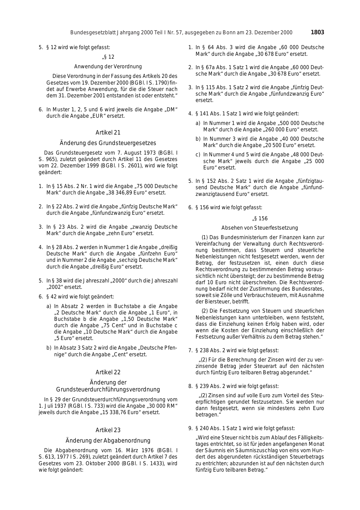 BGBl. 2000, Seite 1803 — Originalseite als Abbildung