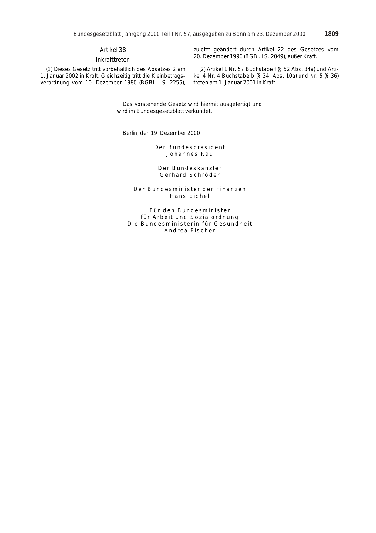 BGBl. 2000, Seite 1809 — Originalseite als Abbildung