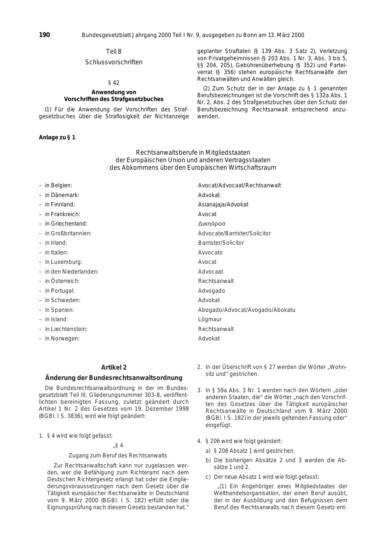 BGBl. 2000, Seite 190 — Originalseite als Abbildung