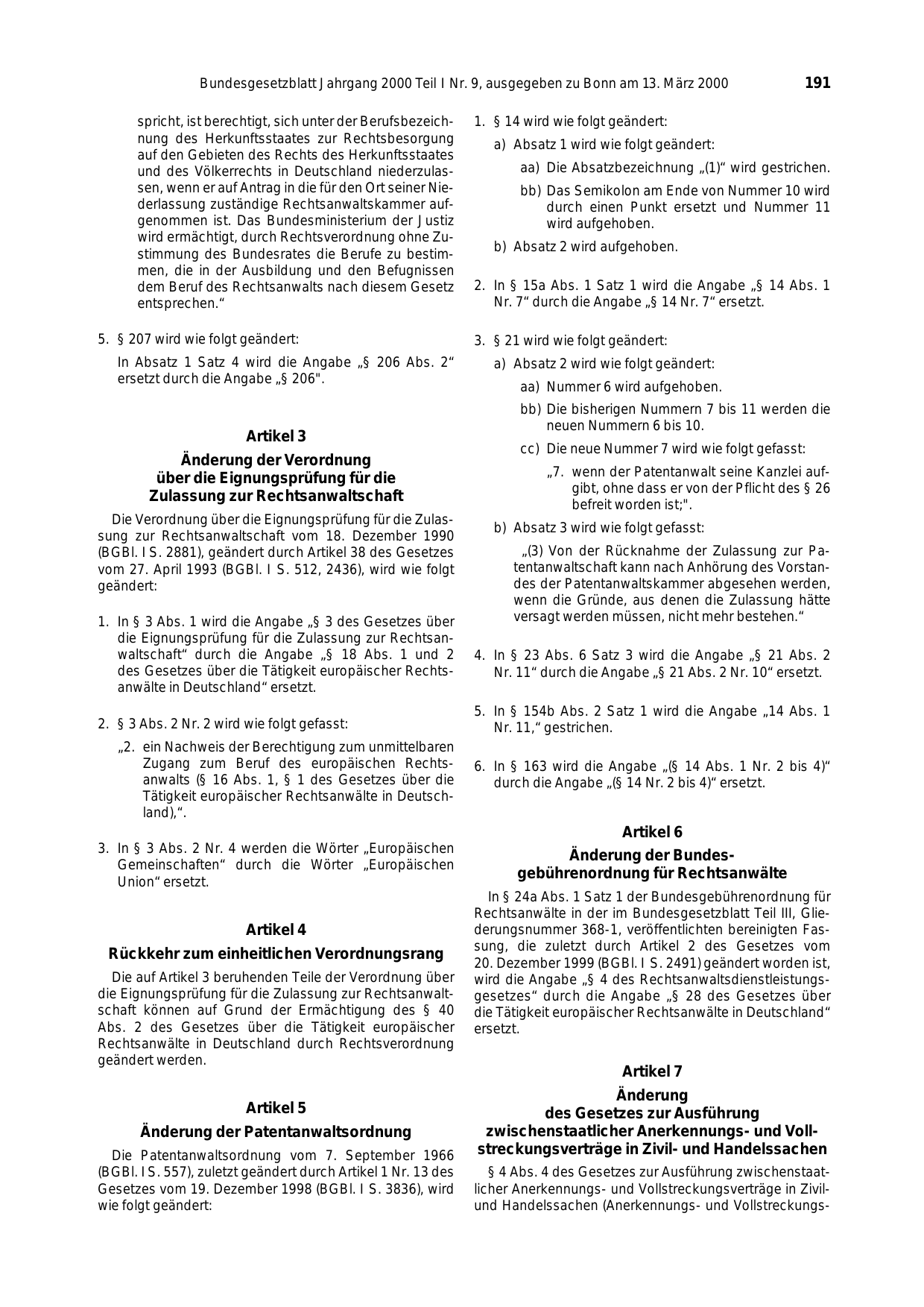 BGBl. 2000, Seite 191 — Originalseite als Abbildung