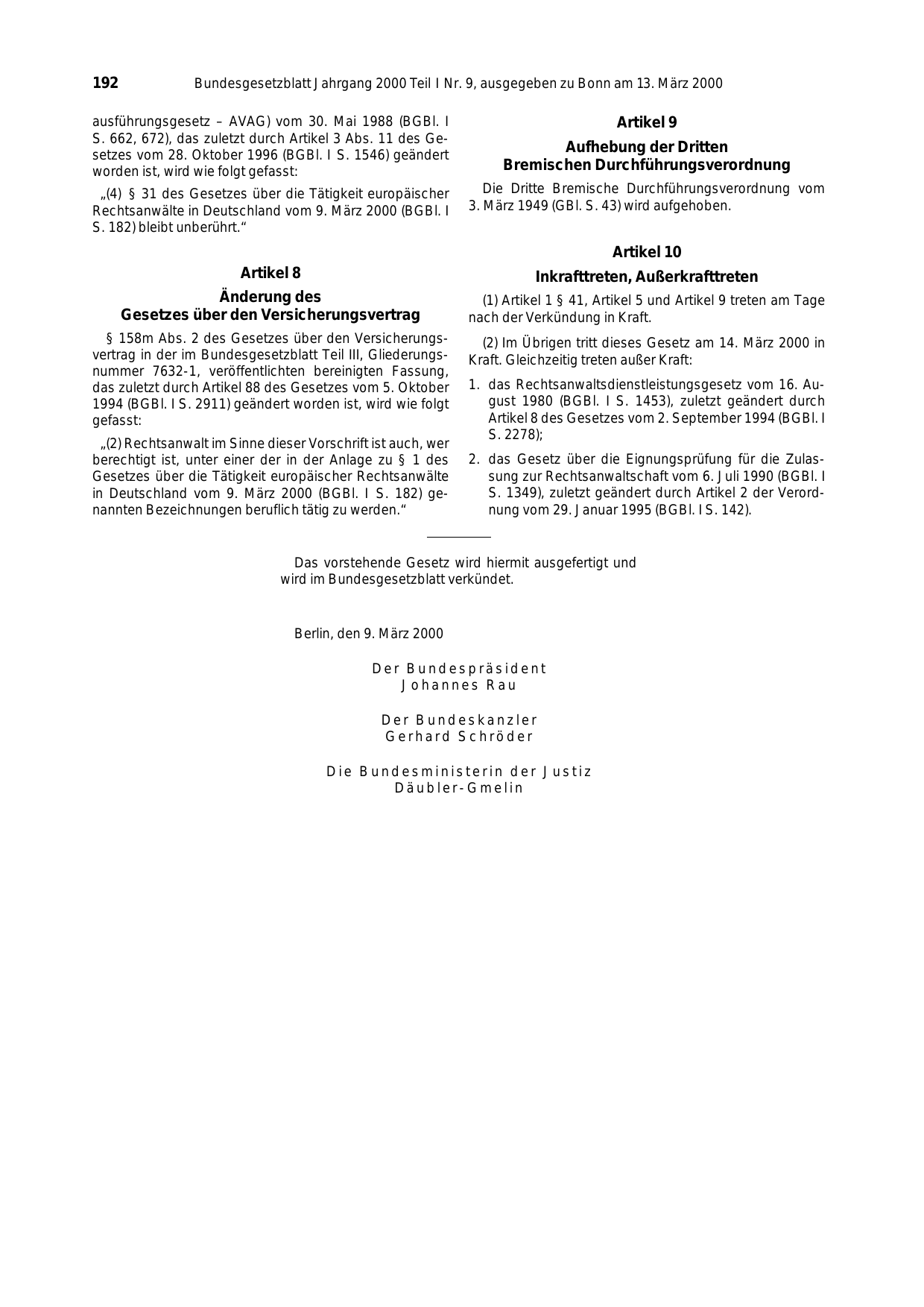 BGBl. 2000, Seite 192 — Originalseite als Abbildung