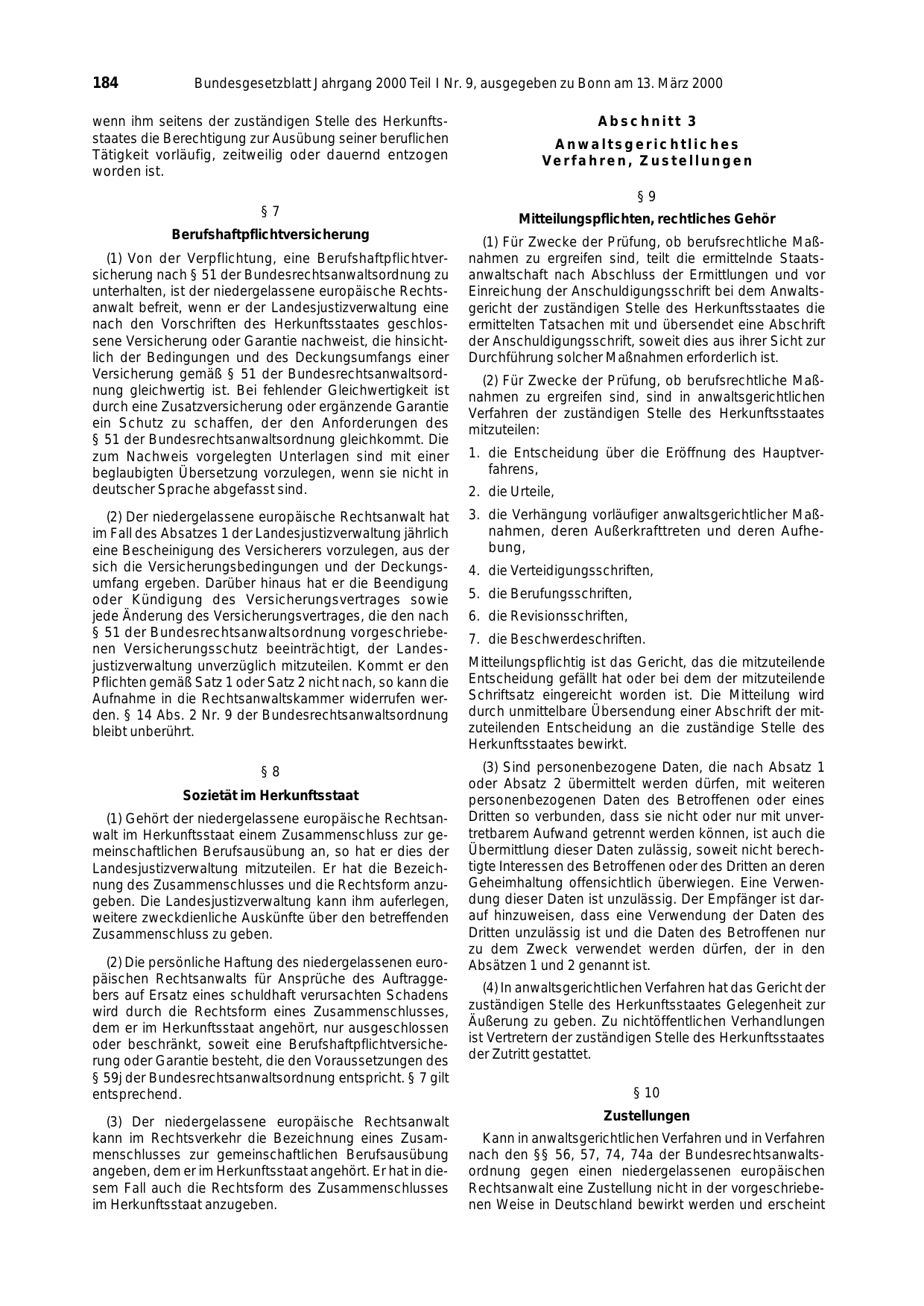BGBl. 2000, Seite 184 — Originalseite als Abbildung